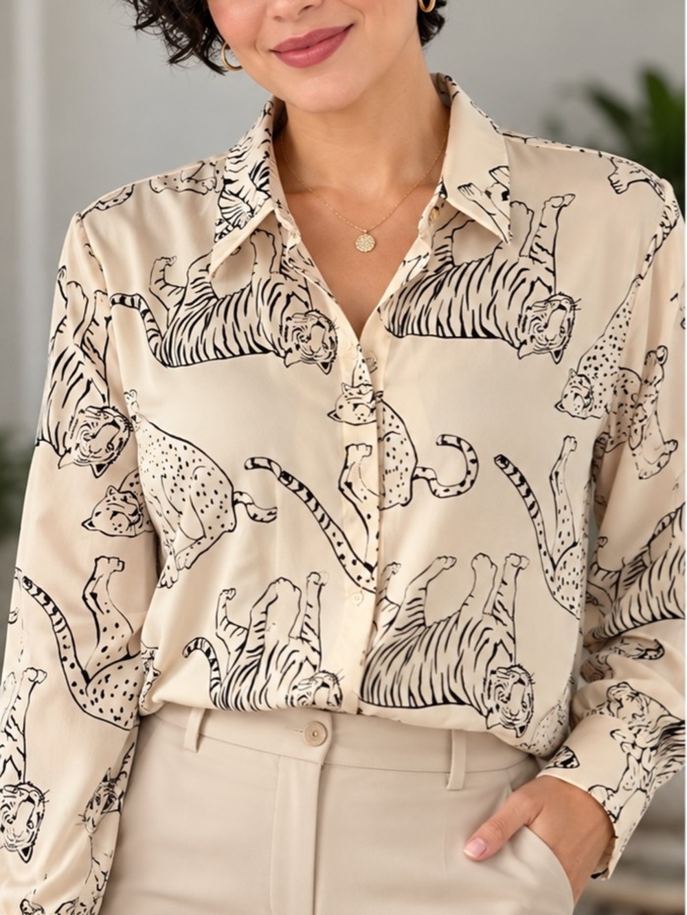 Neutral Animal-Print Button-Down Blouse